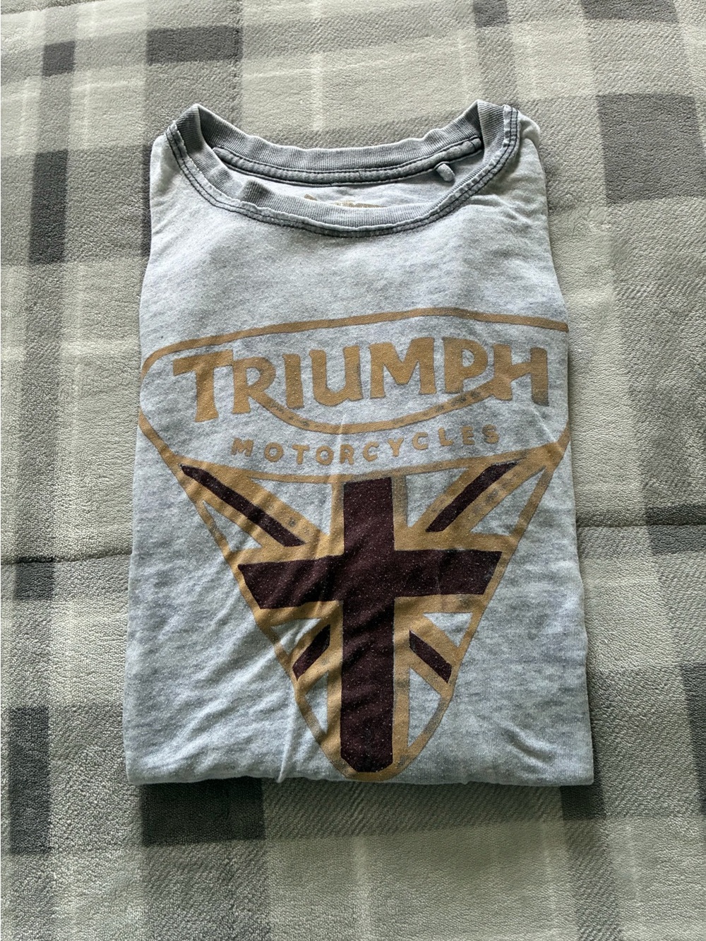 Lucky Brand Light Gray Short Sleeve Tee with Brown and Gold Triumph Graphic
